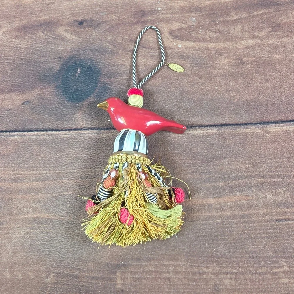 MacKenzie-Childs Cardinal Bird Tassel Ornament Red OS Good Striped Whimsical